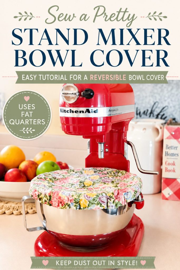 Red KitchenAid stand mixer with a floral reversible bowl cover. Beginner sewing tutorial for making a pretty dust cover with fat quarters. Pinterest image.