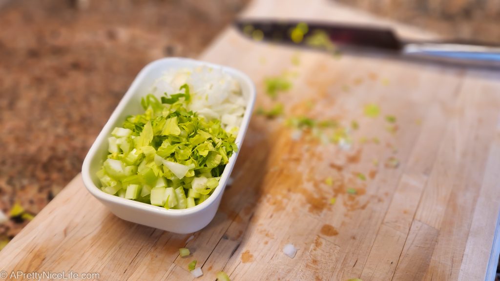 diced celery and onions for zuppa toscana soup recipe