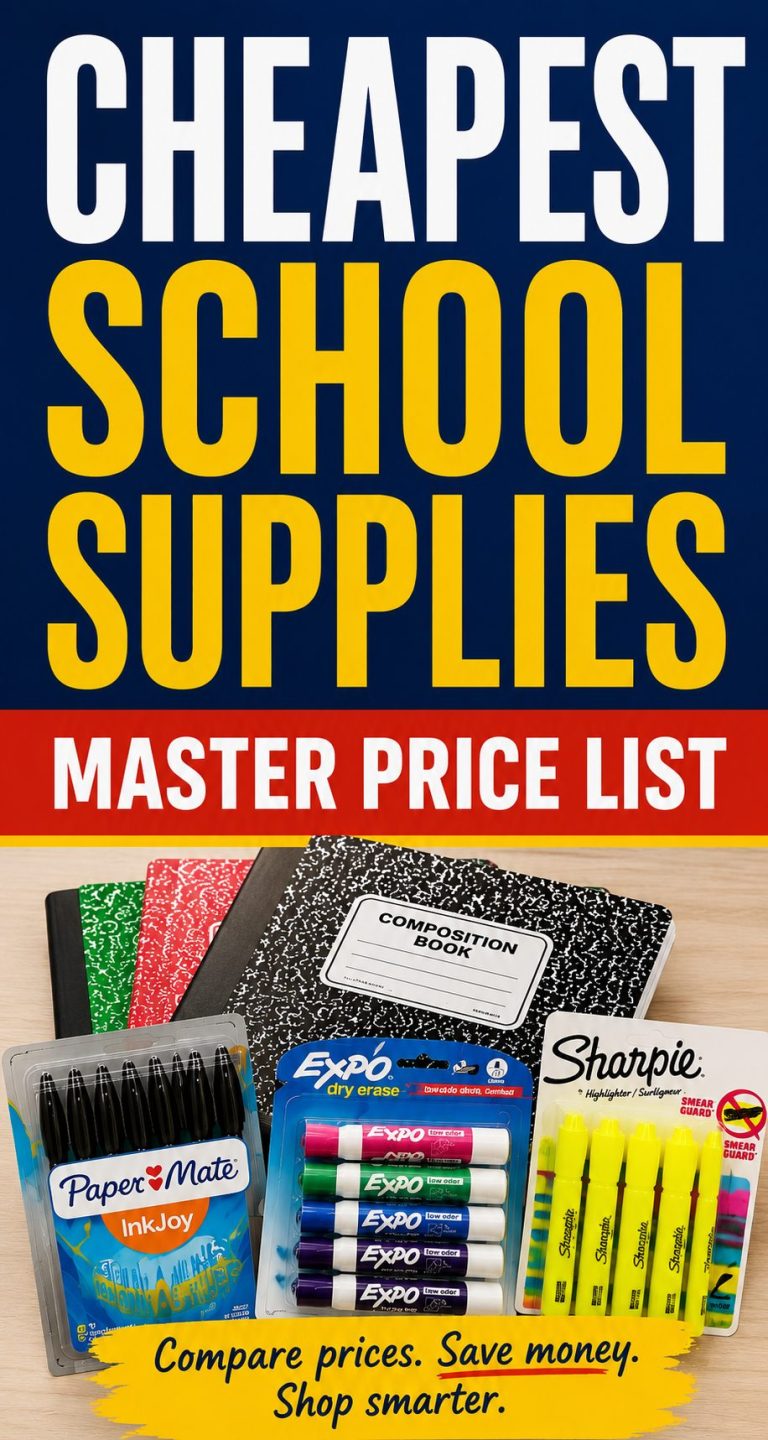 Pinterest image with text that says cheapest school supply master price list
