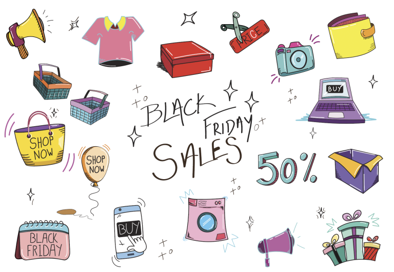 cute words and doodles relevant to black friday deals such as 50% off
