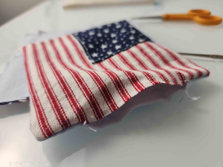 American Flag coaster sewing project in progress. Looking at the raw edges of the opening you left.