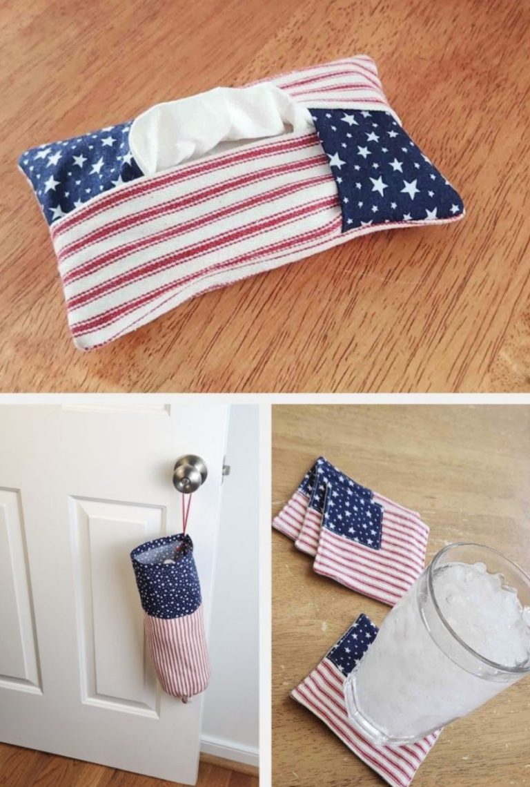 Cute, easy patriotic sewing crafts: tissue holder, grocery bag holder, and American flag coaster