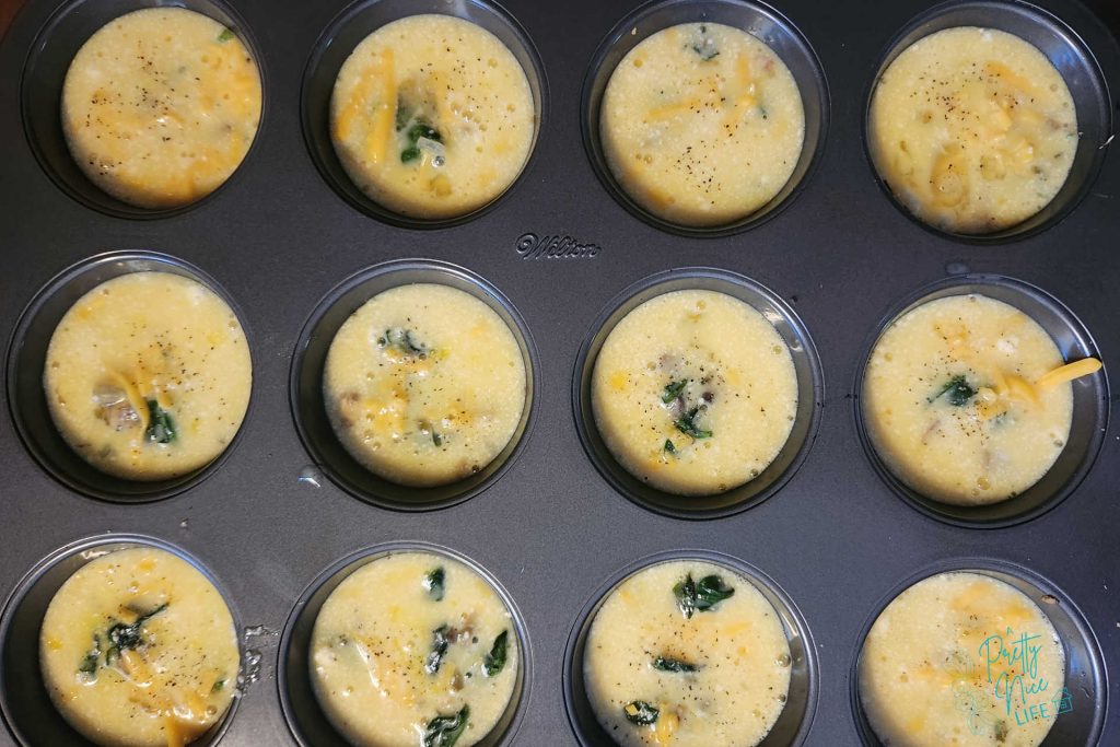 Pour egg mixture into cups evenly before baking egg muffins at 350 degrees
