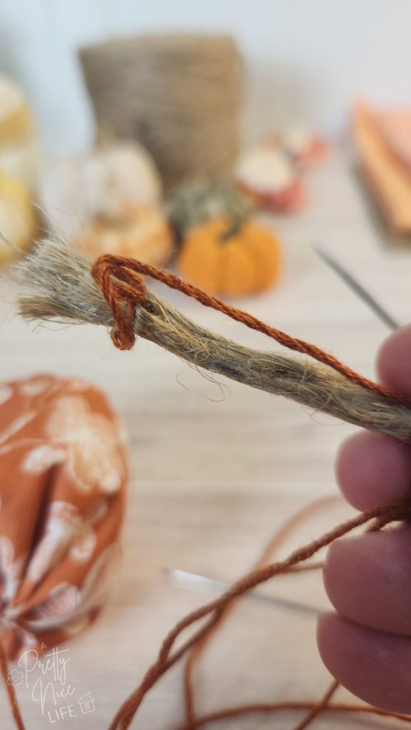 Jute "pumpkin stem" threaded and tied with the embroidery floss